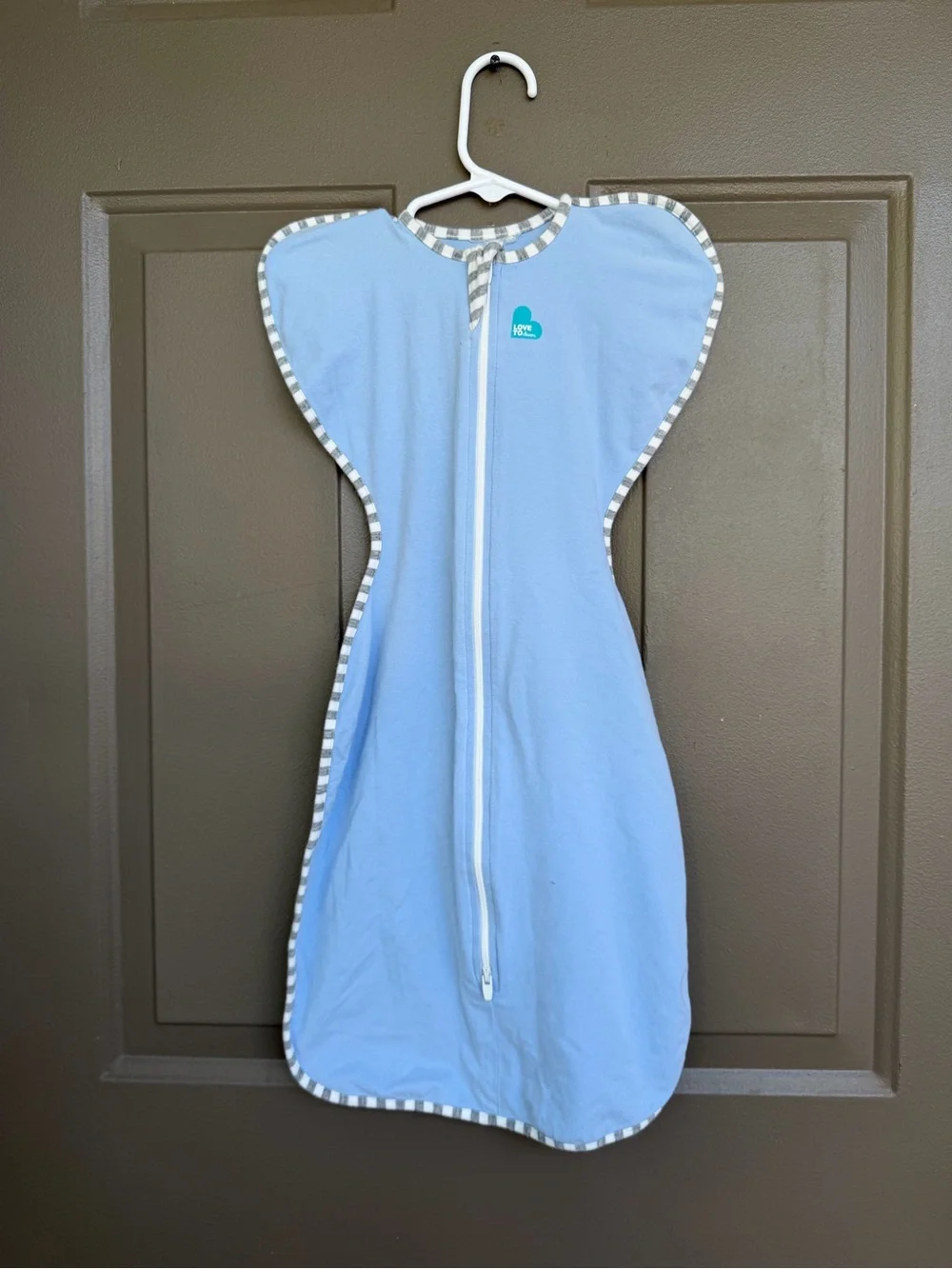 Love to Dream Light Blue Winged Swaddle Sleep Sack with Gray Stripe Trim NB